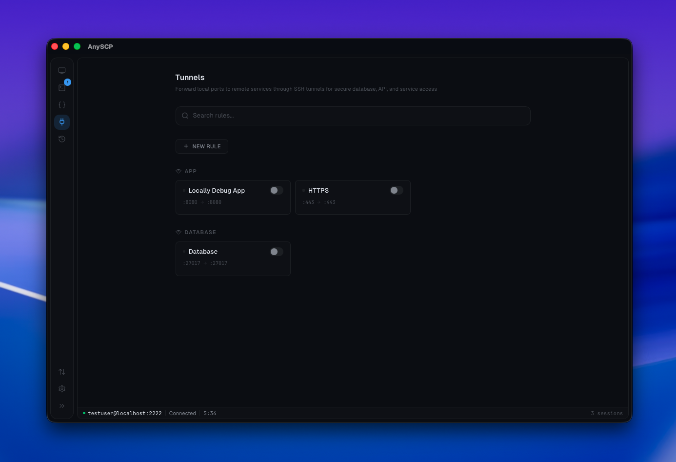 anySCP visual SSH port forwarding tunnel manager with database presets